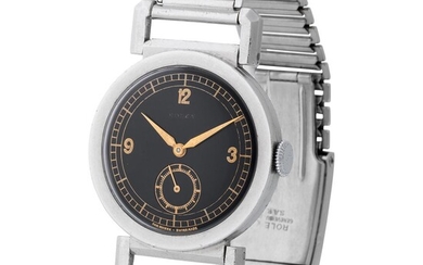 Rolex. Attractive and Early Round-shape Wristwatch in Steel, Reference 2734, With Black Deco-Style Dial and Mobile Hinged Lugs