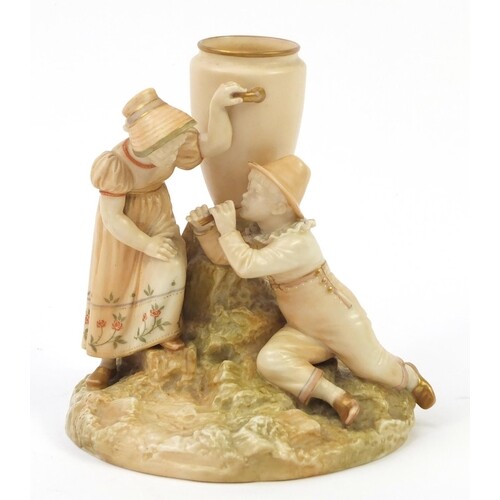 Royal Worcester blush ivory Kate Greenaway vase of two child...