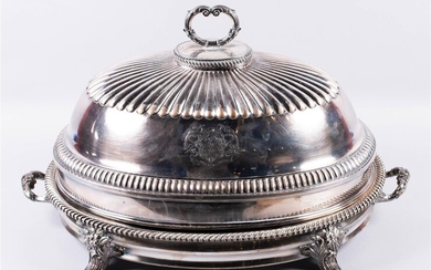 SHEFFIELD PLATED ARMORIAL ENTREE DOME AND WARMING MEAT STAND, 19TH CENTURY