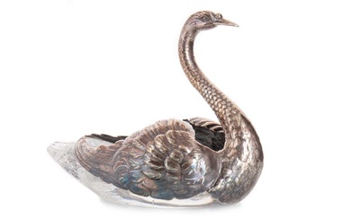 SILVER AND MOULDED GLASS SWAN-FORM COMPORT EARLY 20TH CENTURY