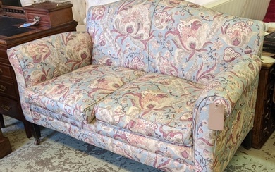 SOFA, 96cm H x 157cm W, Edwardian mahogany newly upholstered...