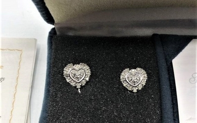 STERLING SILVER And DIAMONDS Heart Earrings in Box