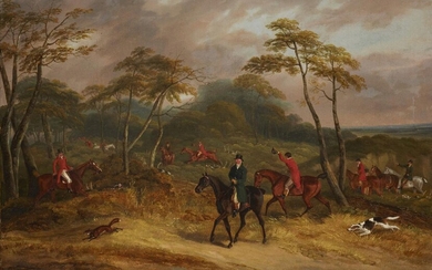 Samuel Alken, Jnr, British 1784-1825- Breaking cover; oil on canvas, signed 'S. Alken.' (lower right), 61.5 x 92 cm. Note: By the end of the 18th century, the sport of fox-hunting, once the reserve of wealthy landowners, was increasingly syndicated...