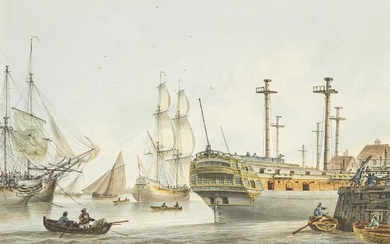 Samuel Atkins, British 1760-1808- High water at Deptford; Low water at Deptford; each pencil, pen and black ink and watercolour on paper, each signed (on the wooden dock), each 20.5 x 29.8 cm., a pair (2). Provenance: With David Messum, London...