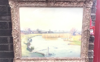 Samuel Lamorna Birch, oil on canvas, river landscape with distant...