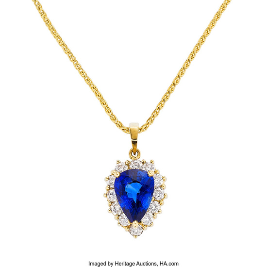 Sapphire, Diamond, Gold Pendant-Necklace Stones: Pear-shaped sapphire weighing approximately...