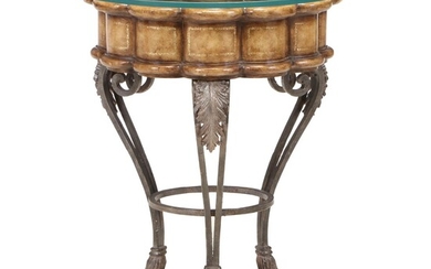 Scalloped Painted Wood and Metal Center Table with Glass Top