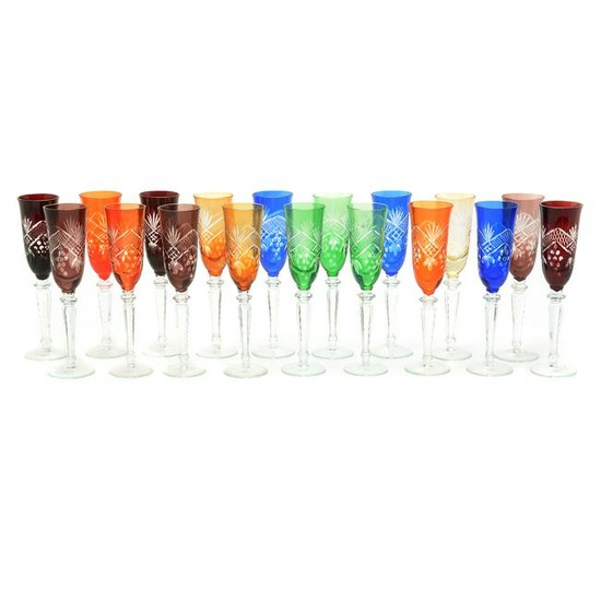 Set of Eighteen Colored and Cut Bohemian Style Goblets.