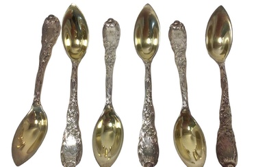 Set of six Tiffany silver gilt Chrysanthemum pattern fruit/orange spoons