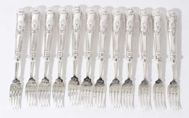 Set of twelve Edwardian silver Kings pattern desert forks (Sheffield 1903), maker John Round & Son Ltd, each 17.5cm in length