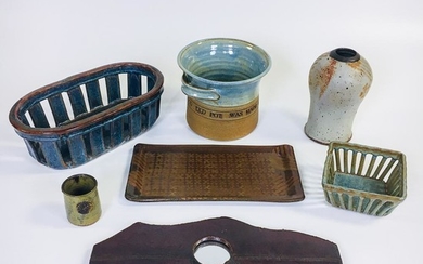 Seven Pieces of Michael Cohen Pottery, two baskets, a pot, tray, vase, cup, and mirror, ht. to 8 1/2 in.