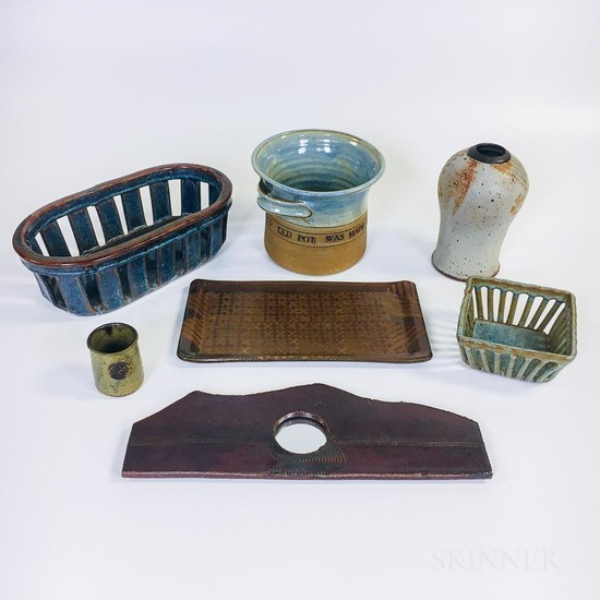 Seven Pieces of Michael Cohen Pottery, two baskets, a pot, tray, vase, cup, and mirror, ht. to 8 1/2 in.