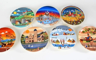 Seven Poole pottery plates, decorated with stylised landscape scenes, to include Autumn I and II