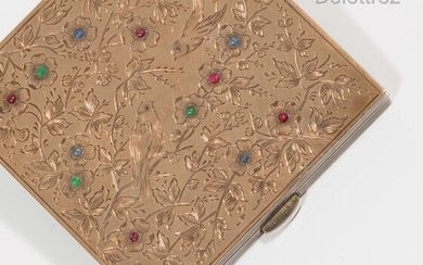 Silver and vermeil powder case, decorated with birds and flowers...