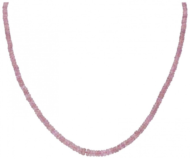 Single strand necklace with natural pink sapphire and a 14K. yellow gold closure.