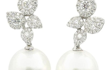 South Sea Pearl Diamond Cluster Leaf Earrings 1.05 Carat 12-13 MM 18K White Gold