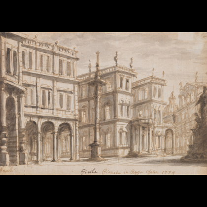 Stage set designer, second half of the 18th century "Palaces on a square with column" pen and brown ink washed...