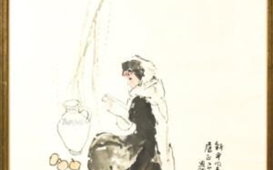 Stamped Chinese Watercolor Painting Woman & Vase