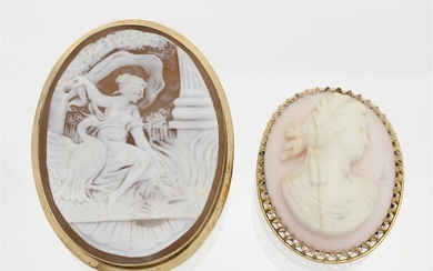TWO ITALIAN SHELL CAMEO BROOCH/PENDANTS WITH GOLD SETTINGS...