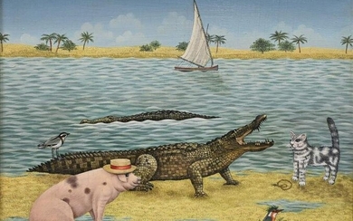 T. Thompson (20th century), Meeting a Crocodile, oil on