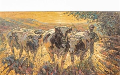 THUREGGER (?, Maler/in 20. Jh.), "Hirte mit Rinderherde in der Abendsonne"
