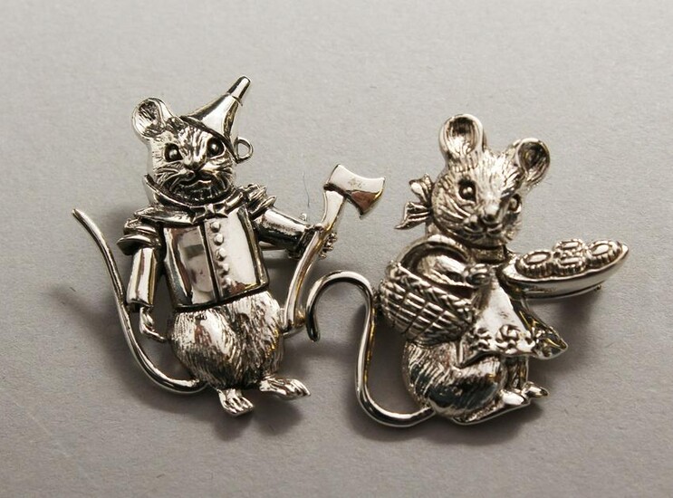 TWO BEATRIX POTTER SILVER MICE BROOCHES
