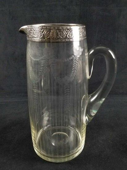 Tall Glass Decanter with Floral Etchings and Sterling