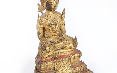 Thai gilt bronze Rattanakosin Buddha figure seated in meditation. 6 1/4"H x 5"W