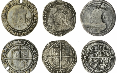 Elizabeth I (1558-1603), Sixpences, Tower (2), Sixth Issue, 1583, m.m. A; another, Seventh Issue, 1601 over 159-, m.m. 1; lastly, Charles I, Group D, Sixpence, 1633-1634, Type 3, m.m. portcullis