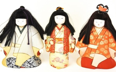 Three Handmade Japanese Dolls w Silk Clothing