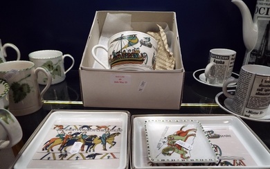 Three Limoges pin trays and cup and saucer with Bayeux Tapes...