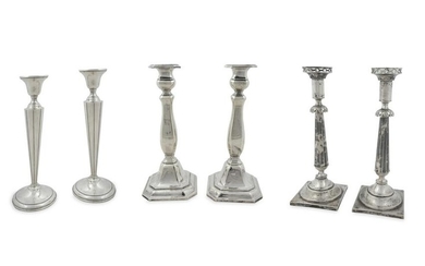 Three Pair of Silver Candlesticks Heights 11, 10 1/8