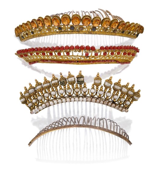 Three early 19th century gilt diadems and a hair comb, comprising one of pierced floral design set with a row of graduated imitation citrines; another of gilt filigree work, set with coral corallium rubrum; the third filigree mounted with imitation...