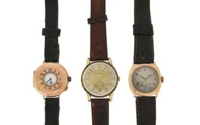 Three gentleman's gold wristwatches, all manual movements, each...