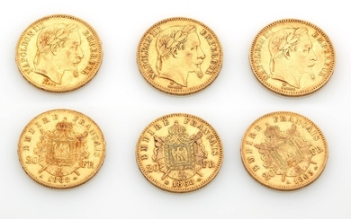 Trois pièces de vingt francs en or à l'effigie de Napoléon III lauré 1863 et...