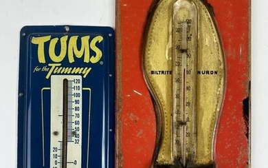 Tums and Biltrite Tin Advertising Thermometers