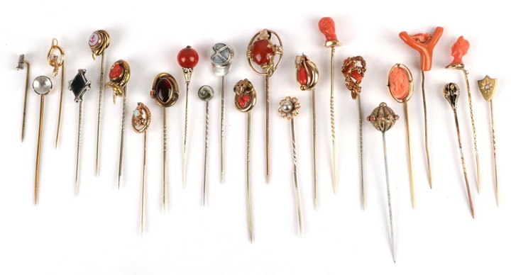 Twenty-Three Stick Pins including four coral portrait examples; five other...