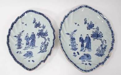 Two 18th century Chinese blue and white leaf-shaped porcelain dishes, painted with figures