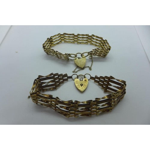 Two 9ct yellow gold gate link bracelets, approx 20 grams