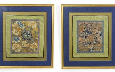 Two Chinese silk embroidery panels decorated with flowers and foliage, one also embroidered with