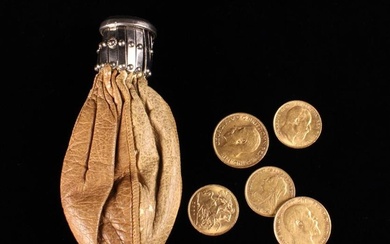 Two Gold Sovereigns and Three Half Sovereigns in a pouch with concertina action opening throat secur