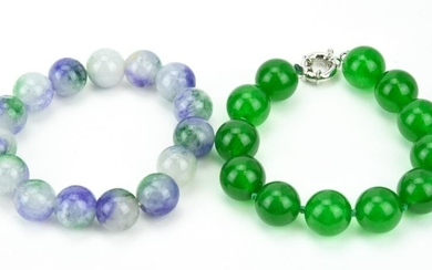 Two Green & Lavender Jade Beaded Bracelets