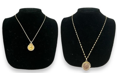 Two Sterling Silver Necklaces with Gold Overlay and Coin Pendants