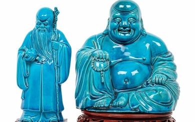 Two Turquoise Glazed Porcelain Figures of Immortals