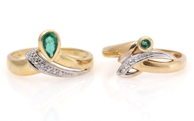 SOLD. Two emerald and diamond rings each set with an emerald and a diamond, mounted in partly rhodium plated gold. Size 54 and 56. (2) – Bruun Rasmussen Auctioneers of Fine Art