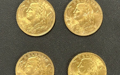 Un lot de 4 pièces de 20 Francs OR Suisse Helvetia 1935 (4) PN. 25,9...