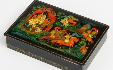 VERY FINELY PAINTED RUSSIAN LACQUER BOX SHOWING PUSHKIN'S POEM 'RUSLAN AND LUDMILA'