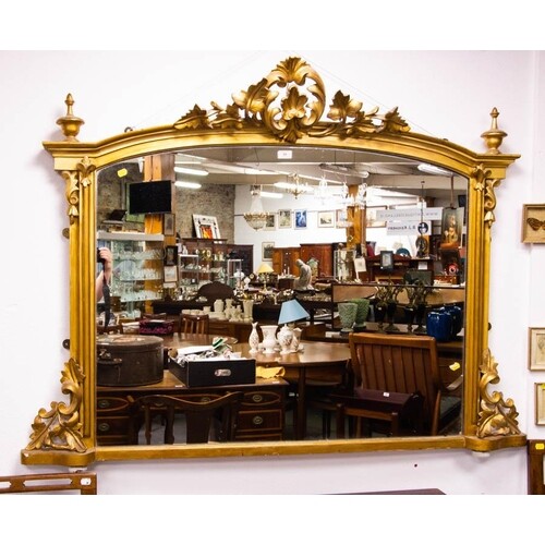 VICTORIAN GILT OVERMANTLE MIRROR WITH LEAF TOP. 148CM WIDE...