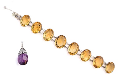 VICTORIAN SILVER AND CITRINE BRACELET, 1867 AND AMETHYST PENDANT, 1930s