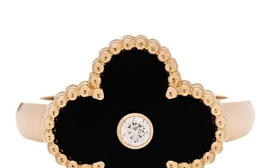 Van Cleef & Arpels 18K Yellow Gold Black Onyx Diamond Vintage Alhambra Ring 50 5.25